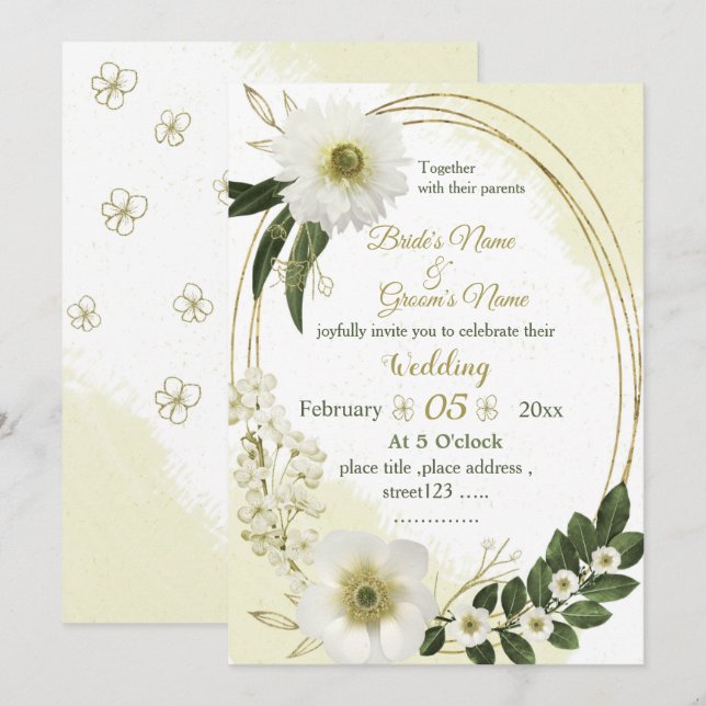 vita blommor och guld-blommor, grönska bröllop inbjudningar (Fram/baksida)