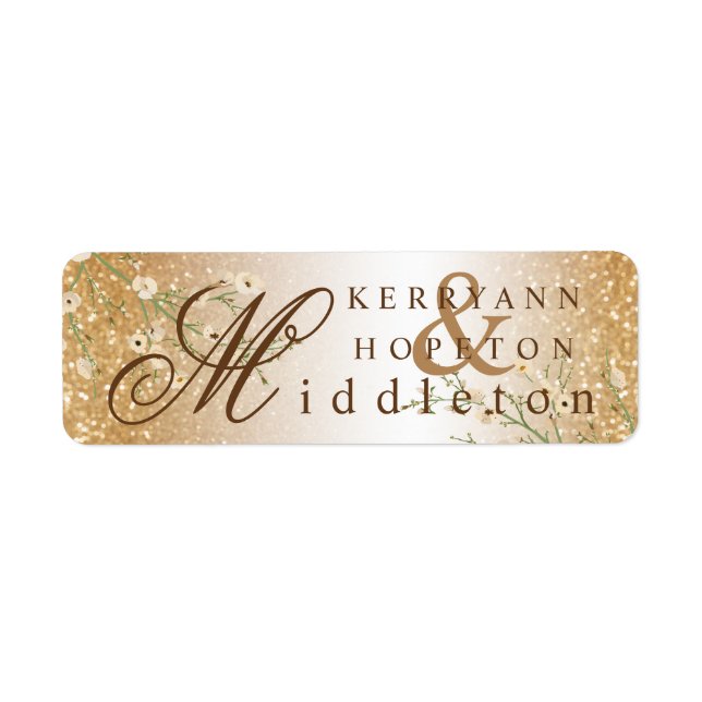 Vita blommor och Guld Glitter Returadress Etikett (Framsidan)