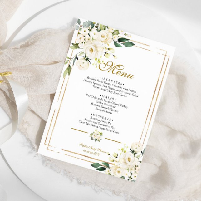 Vita blommor och Guld Ram Baby Shower Menu Meny (Skapare uppladdad)