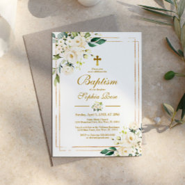 Vita blommor och Guld Ram Flickor Baptism Inbjudningar