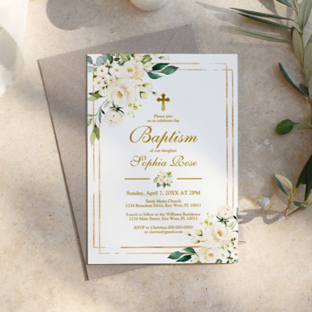Vita blommor och Guld Ram Flickor Baptism Inbjudningar (Skapare uppladdad)