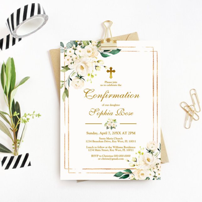 Vita blommor och Guld Ram Girl-bekräftelse Inbjudningar (Skapare uppladdad)