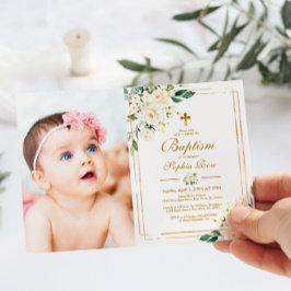 Vita blommor och Guld Ram Photo Girl Baptism Inbjudningar
