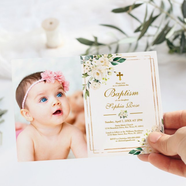 Vita blommor och Guld Ram Photo Girl Baptism Inbjudningar (Skapare uppladdad)
