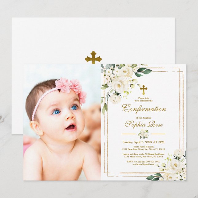 Vita blommor och Guld Ram Photo Girl Bekräftelse Inbjudningar (Fram/baksida)