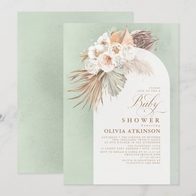Vita blommor och Pampas Grass Boho Baby Shower Inbjudningar (Fram/baksida)