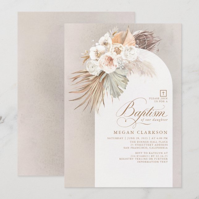 Vita blommor och Pampas Grass Boho Baptism Inbjudningar (Fram/baksida)