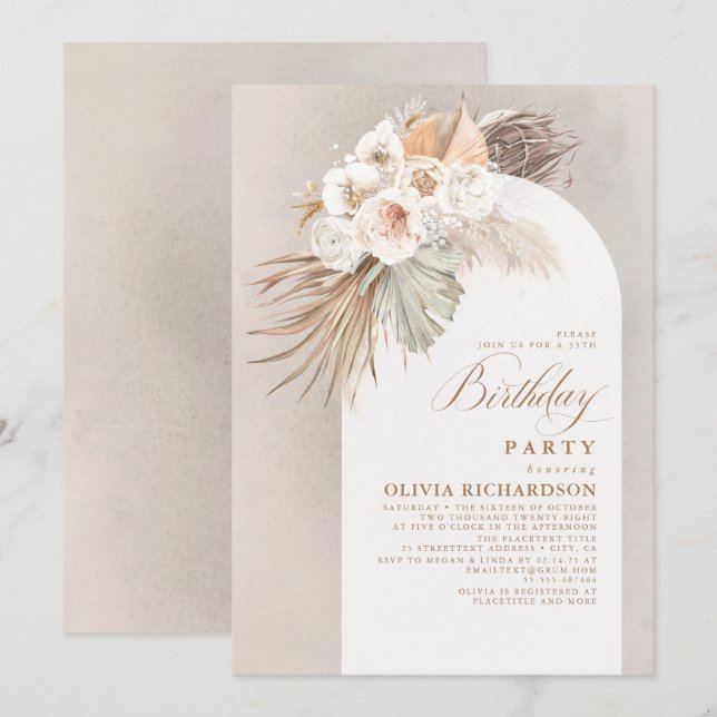 Vita blommor och Pampas Grass Boho Birthday Inbjudningar (Fram/baksida)
