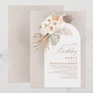Vita blommor och Pampas Grass Boho Birthday Inbjudningar