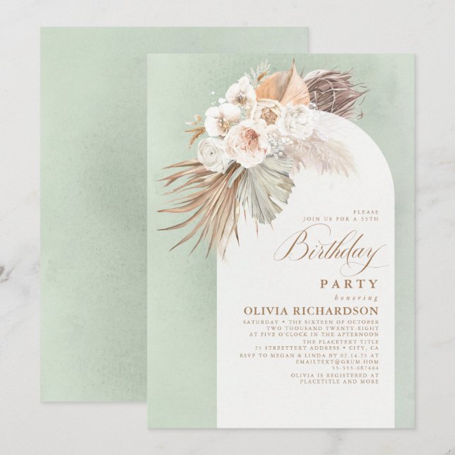 Vita blommor och Pampas Grass Boho Birthday Inbjudningar (Fram/baksida)