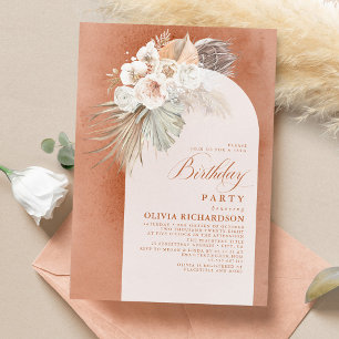 Vita blommor och Pampas Grass Boho Birthday Inbjudningar