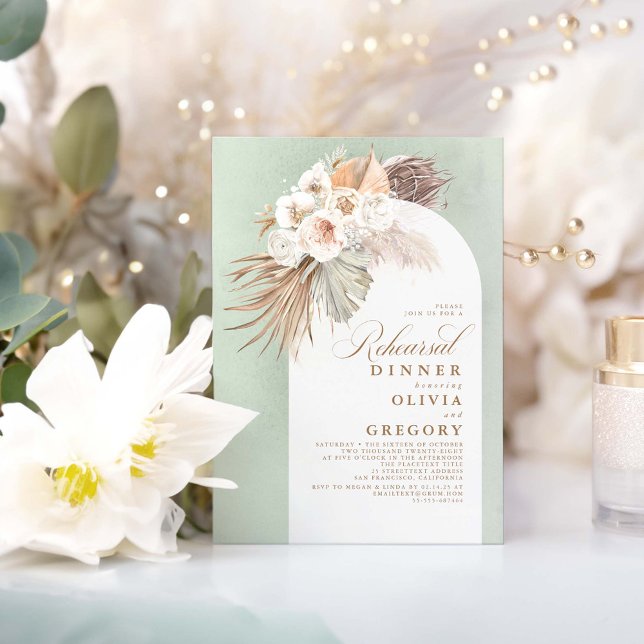 Vita blommor och Pampas Grass Rehearsal Middag Inbjudningar (Sage Boho Rehearsal Dinner Invitations)