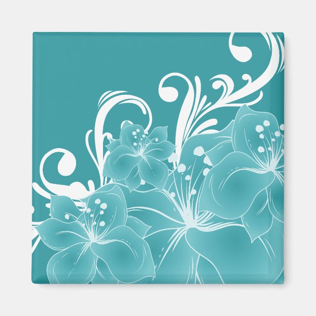 Vita blommor och Scrollsar på blått Magnet (Framsidan)