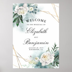 Vita blommor och välkomstskylt från Guld Ram Bröll Poster