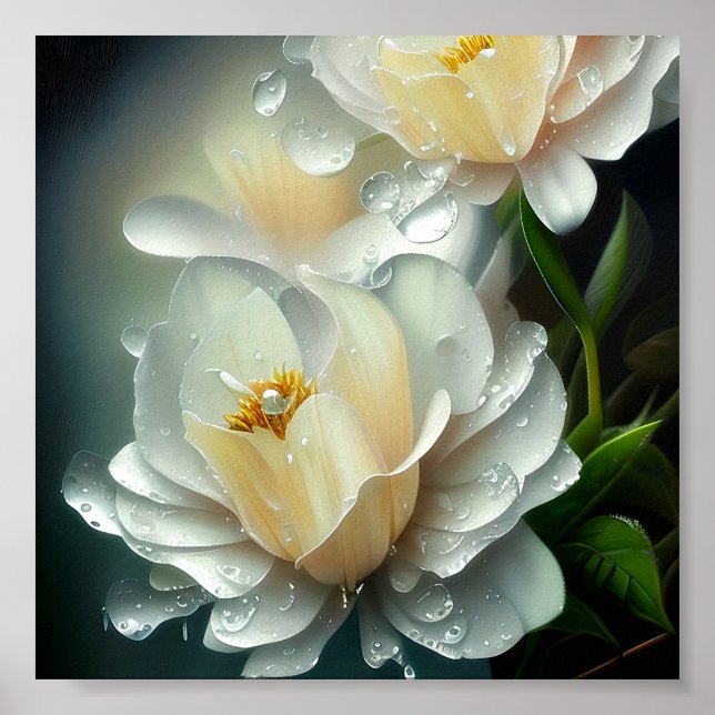 Vita blommor och vattendroppar poster (Framsidan)
