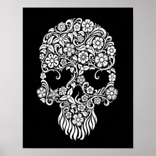 Vita blommor och Vines Skulldesign på svart Poster