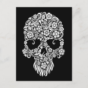 Vita blommor och Vines Skulldesign på svart Vykort
