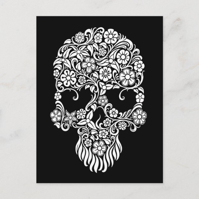 Vita blommor och Vines Skulldesign på svart Vykort (Framsida)