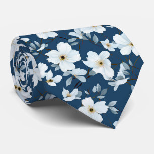 Vita blommor på blå bakgrund Blommigt Bröllop Slips