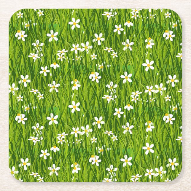 Vita blommor på Grönt Löv Underlägg Papper Kvadrat (Framsidan)