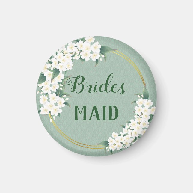 Vita blommor på Grönten Bridesmaid Wedding Favor Magnet (Framsidan)