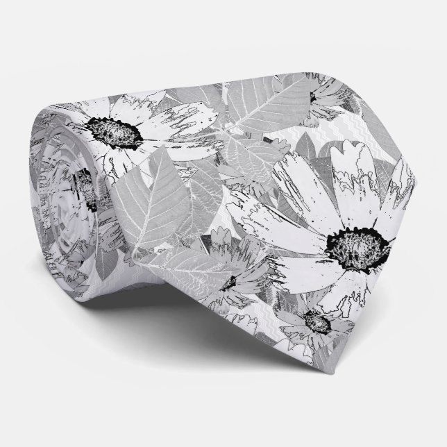 Vita blommor på lätt grått. slips (Rullad)