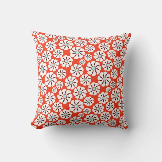 Vita blommor på Orange Tropical Reversible Kudde (Framsida)