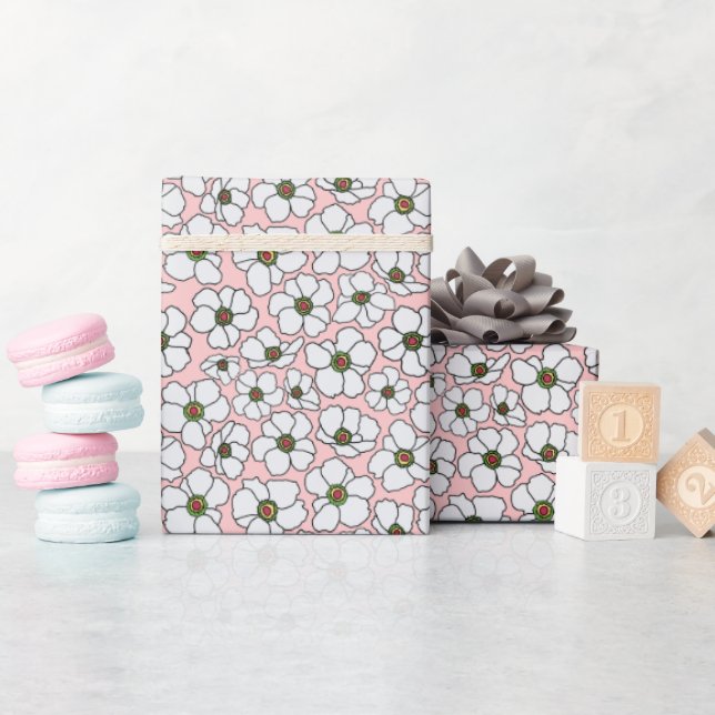 Vita blommor på rosafärgad bakgrund presentpapper (Baby Shower)