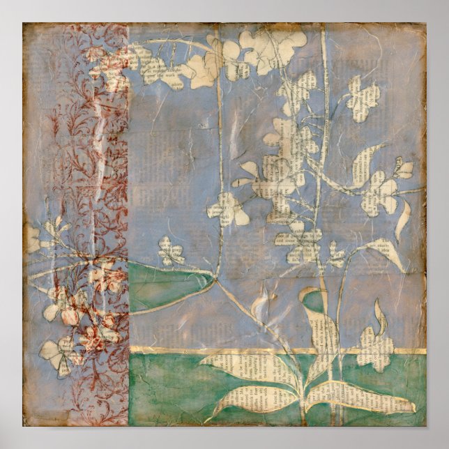 Vita blommor på tidningspapperbakgrund poster (Framsidan)