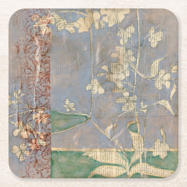 Vita blommor på tidningspapperbakgrund underlägg papper kvadrat (Framsidan)