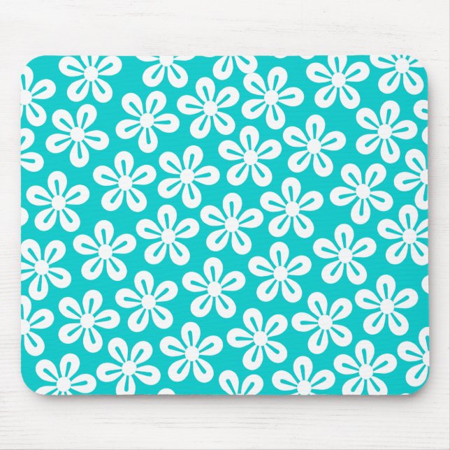 Vita blommor på Turcoise Mousepad Musmatta (Framsidan)