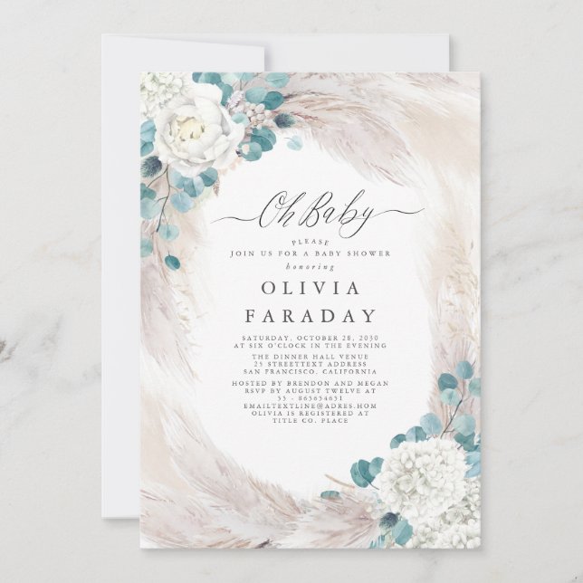 Vita blommor Pampas Grass Baby Shower-inbjudan Inbjudningar (Framsida)