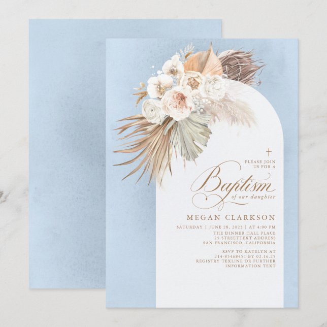 Vita blommor Pampas Grass Boho Blue Baptism Inbjudningar (Fram/baksida)