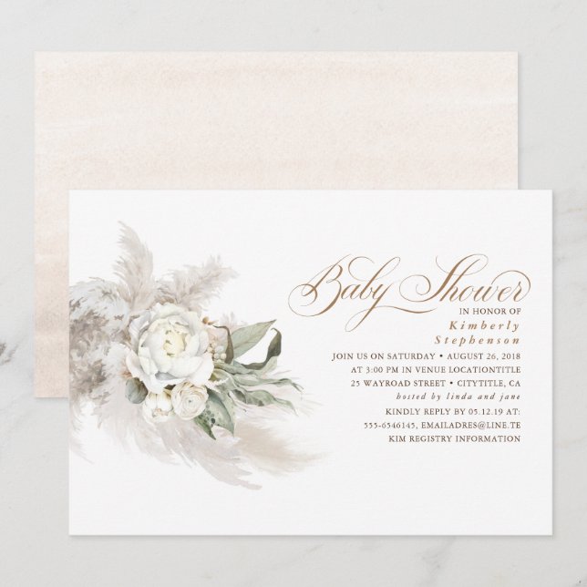 Vita blommor Pampas Grass Greenery Baby Shower Inbjudningar (Fram/baksida)
