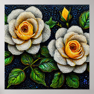 Vita blommor prickar konst minimal pointillism dek poster