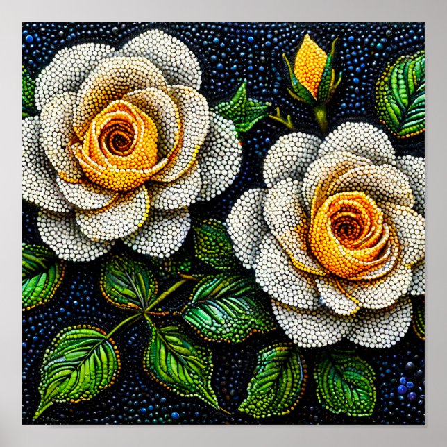 Vita blommor prickar konst minimal pointillism dek poster (Framsidan)