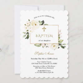 Vita blommor Ro Guld Baptism Inbjudningar