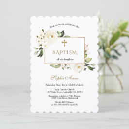 Vita blommor Ro Guld Baptism Inbjudningar