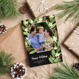 Vita blommor röda bär hexagon God Jul Julkort