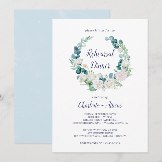 Vita blommor, ruvmiddag för klassiskt bruk inbjudningar (Fram/baksida)