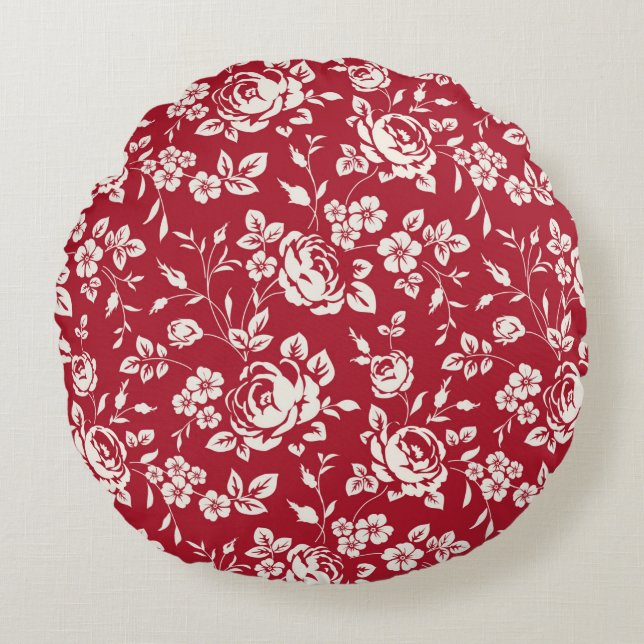 Vita blommor silhouette på röd bakgrund. Seamle Rund Kudde (Framsidan)