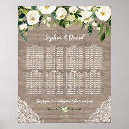 Vita Blommor Snöre Wood Bröllop Sittdiagram Poster