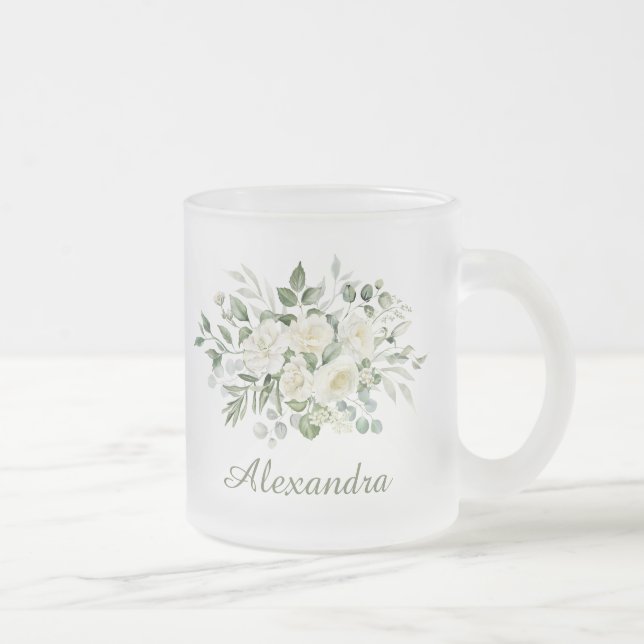 Vita blomster anpassade brudtärna-favorit  frostad glasmugg (Höger)