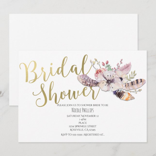 Vita blomster boho guld bröllopsfest inbjudningar (Fram/baksida)