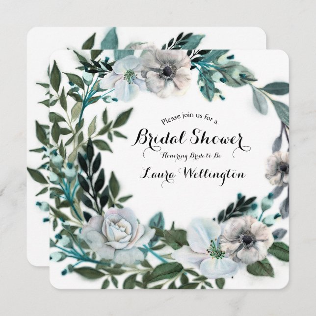 Vita blomster botanisk grönska krans inbjudningar (Fram/baksida)