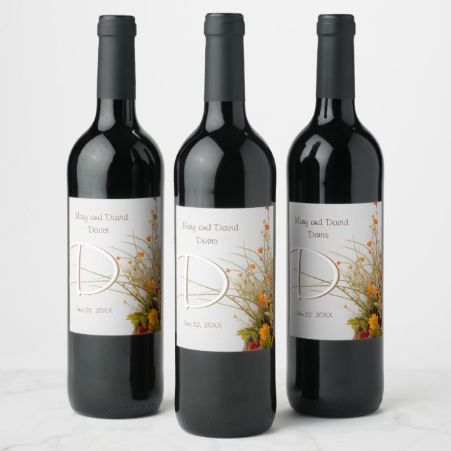 Vita blomsterblommor Bröllop Vin Vinflaska Etikett (Flaskor)