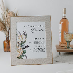 Vita blomsterdoftande signaturdrycker skylt