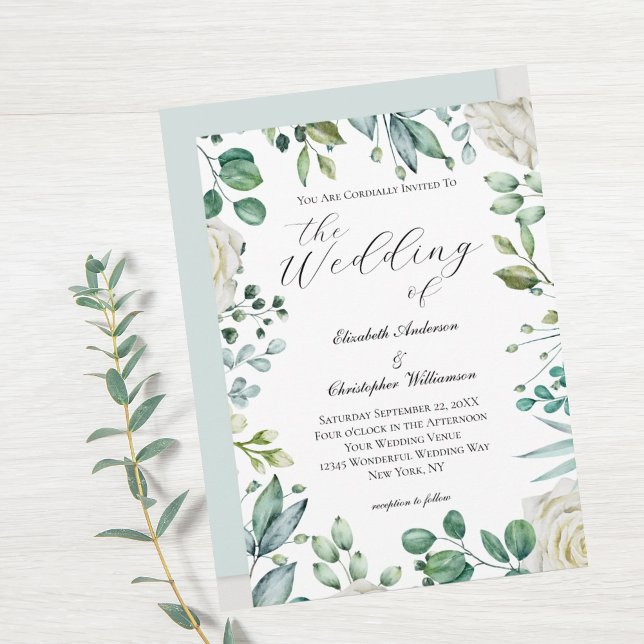 Vita blomstergrönska Eukalyptus Elegant Bröllop  Inbjudningar (Skapare uppladdad)