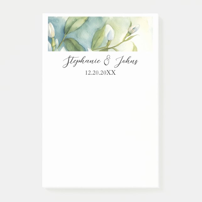 Vita blomstergula gröna blad Elegant rustik bröllo Post-it Block (Framsida)