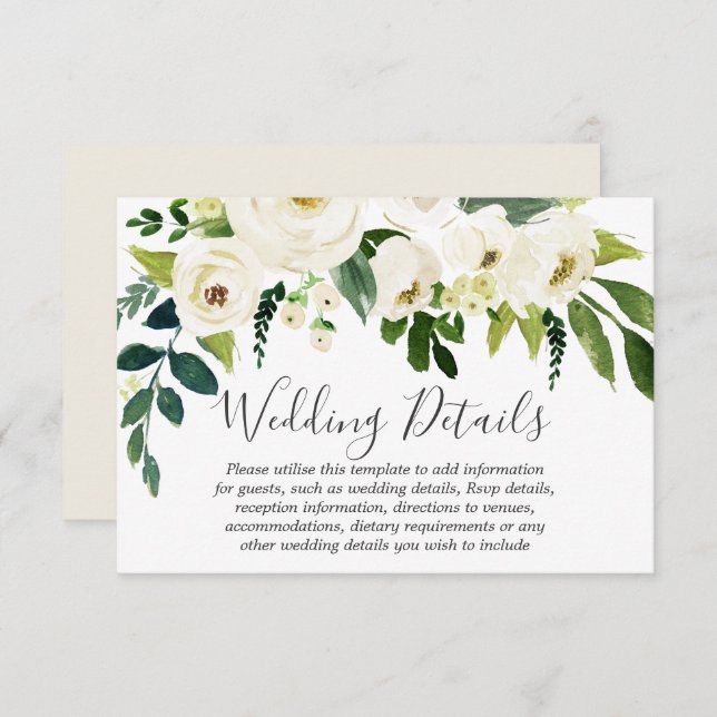 Vita blomsterkräm vackra bröllopsdetaljer inbjudningar (Fram/baksida)
